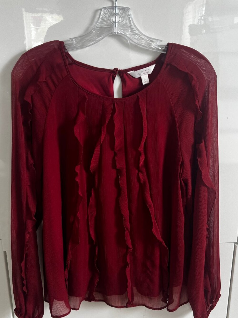 LC Lauren Conrad Burgundy Long Sleeve Ruffle Front Top - SMALL